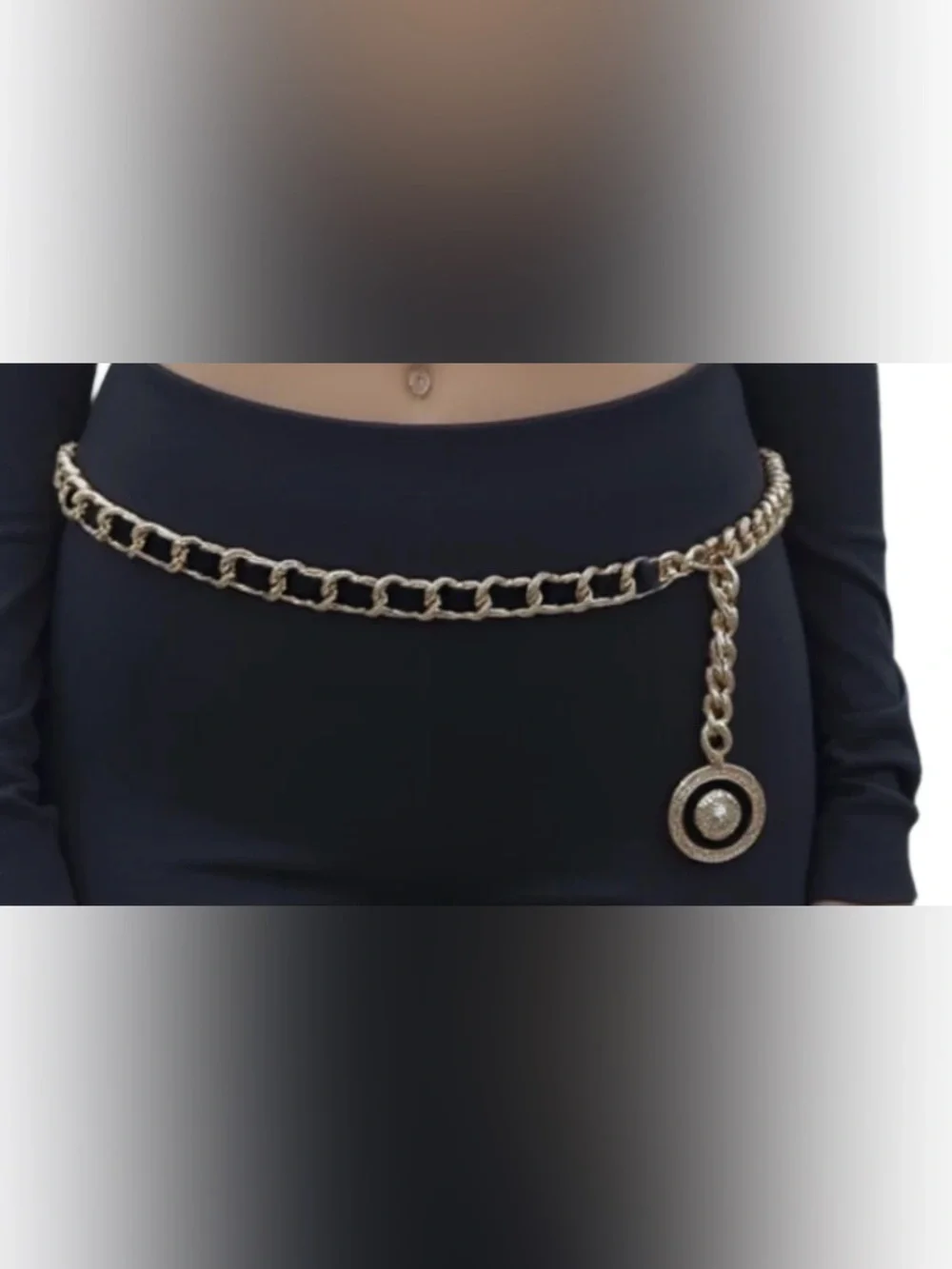 Women Gold Metal Chain Black Designer Style Fashion Belt Lion Charm Coin